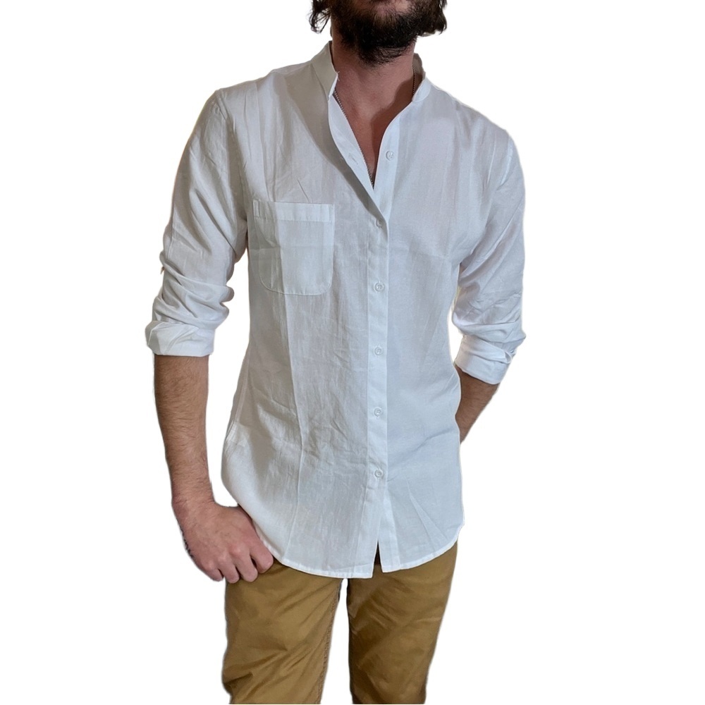 ANDY Mens White Band Collar Chest Pocket Casual Shirt Size Small